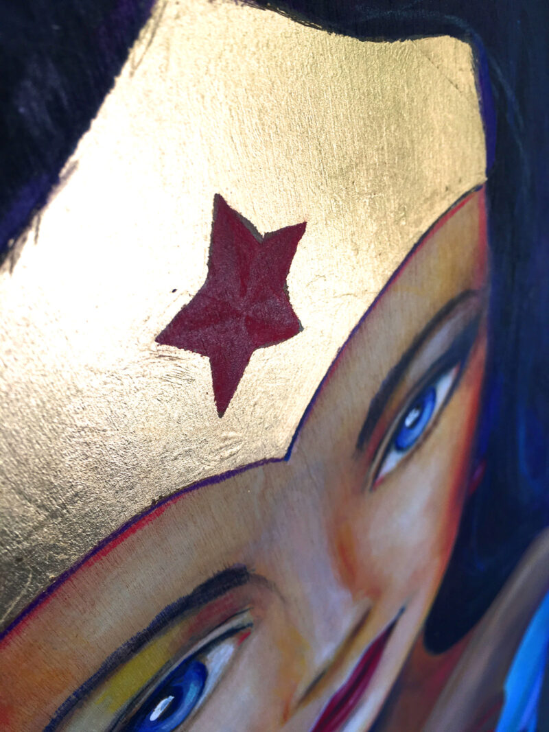 "I AM INDOMITABLE" Wonder Woman, Original Painting + Gold Leafing on Birch Wood by Lucinda Rae, 24″ x 48″